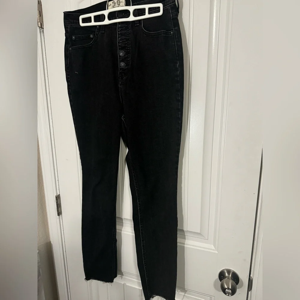 Free People Womens Curvy 29 Black Stretch Denim High Rise Skinny Button Fly Jean